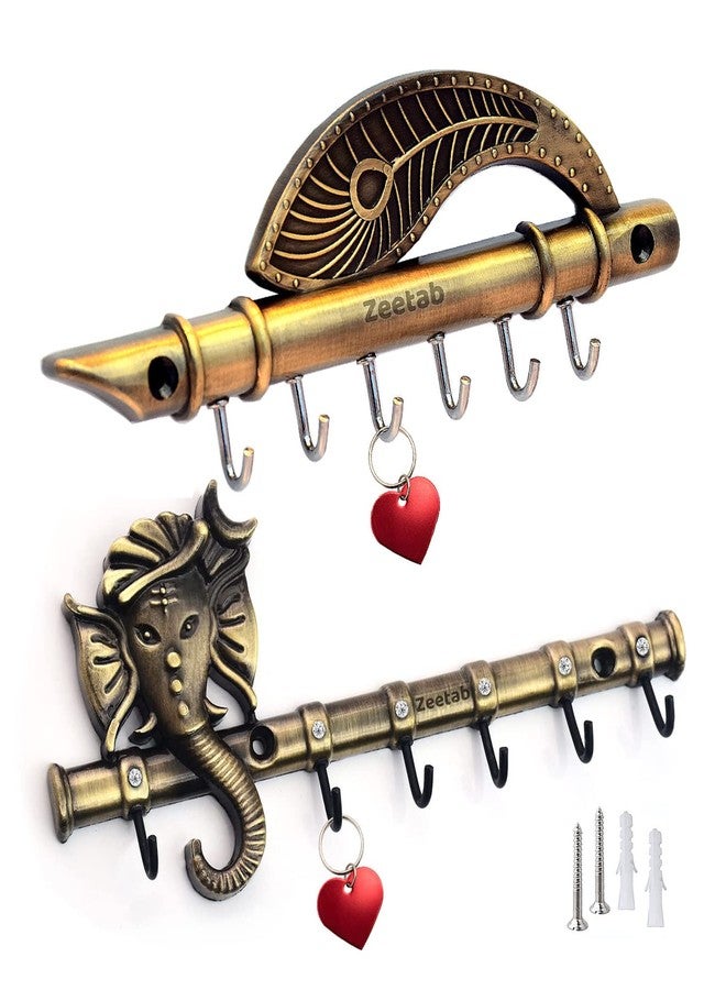 Zeetab Antique Krishna Flute & Ganesha Key Holder, Metal Ganpati Key Stand & Hanger with 6 Hook Wall Mount, Home Decor Gift (Pack of 2)